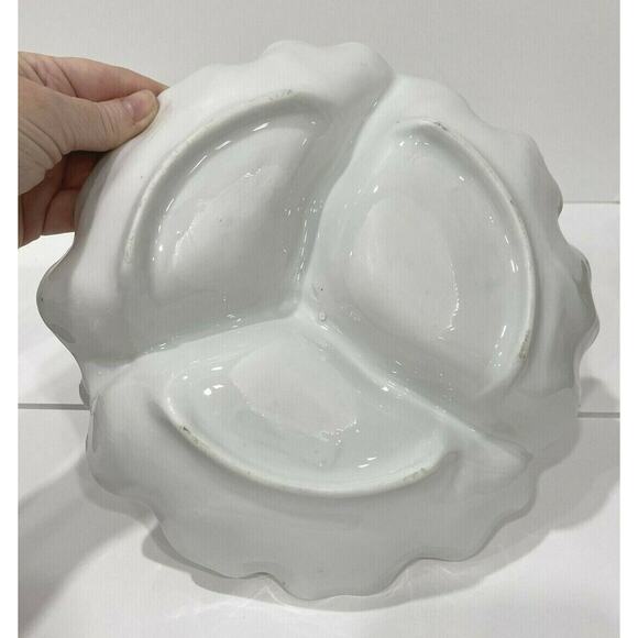Vintage porcelain center handle server bowl 3-part vegie display white & floral - Picture 6 of 9